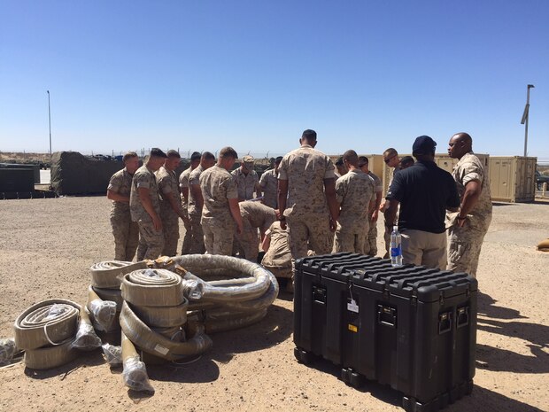 Marine Corps Systems Command’s Expeditionary Power Systems recently conducted new equipment training for the Expeditionary Water Distribution System with Marine Wing Support Squadron 371 in Marine Corps Air Station Yuma, Arizona. EWDS is the Marine Expeditionary Force and division-level’s bulk water supply, distribution and dispensing system, replacing the Tactical Water Distribution System. The modular system is leaner and easier to assemble than the TWDS, and is capable of delivering 700,000 gallons of water a day. (U.S. Marine Corps photo by Jennifer Stephens)  