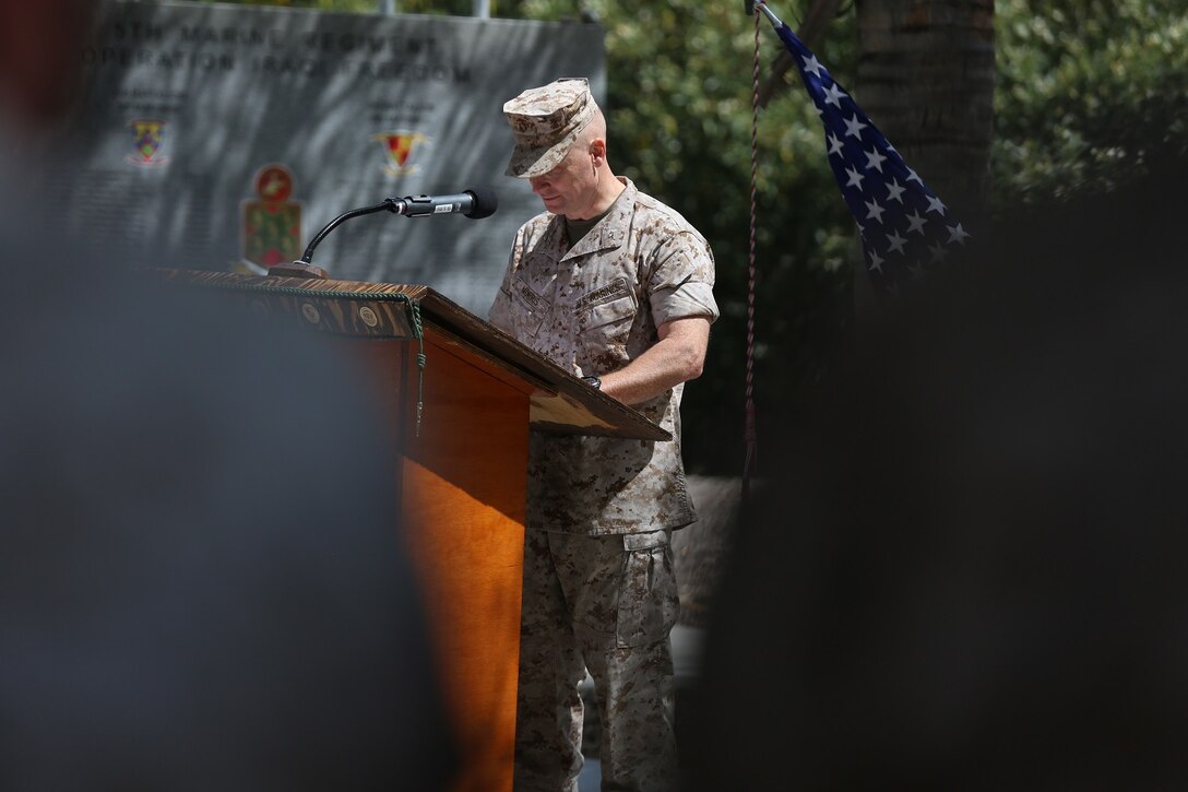 MARINE CORPS BASE CAMP PENDLETON, Calif. – Col. Jason Morris addresses the audience during the 3rd Battalion, 5th Marine Regiment “Dark Horse” Reunion at the San Mateo Memorial Garden April 29, 2016. Morris served as the battalion’s commander during the deployment to Sangin, Afghanistan in the fall of 2010. (U.S. Marine Corps photo by Lance Cpl. Shellie Hall/Released)