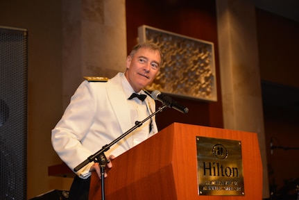 HONOLULU (April 16, 2016) Rear Adm. Fritz Roegge, Commander, Submarine Force, U.S. Pacific Fleet, speaks to the attendees of the 116th annual Navy Officers Submarine Birthday Ball at the Hilton Hawaiian Village Hotel. (U.S. Navy photo by Mass Communication Specialist 2nd Michael H. Lee/Released)