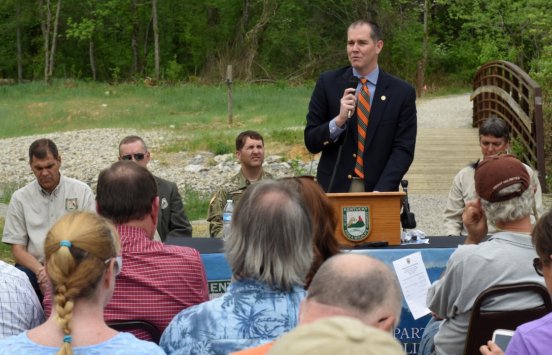 Kentucky State Senator Max Wise, District 16, speaks during the Hatchery Creek Restoration Project Dedication in Jamestown, Ky., April 29, 2016.  He said the success of the project and getting things done involved relationships, teamwork and determination, and the dedication of Hatchery Creek is a testament to the hard work by multiple agencies.