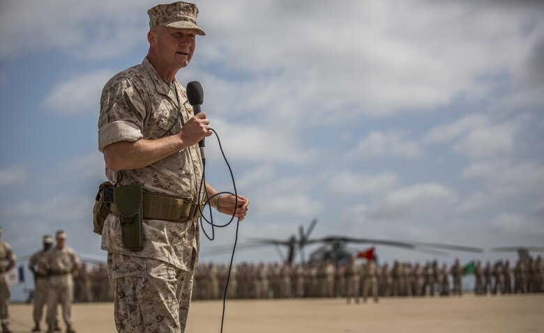 Brig. Gen. Bradley S. James speaks at a change of command ceremony where he assumed his position of commanding general of 4th Marine Aircraft Wing, Marine Forces Reserve from Brig. Gen. Bradley S. James at Marine Corps Air Station Miramar, Calif., April 29, 2016. James served as the previous assistant wing commander of 4th MAW. 