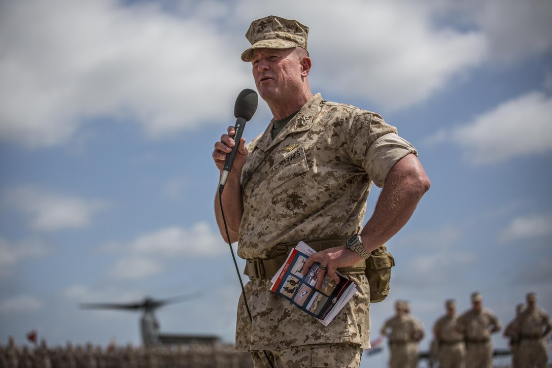 Maj. Gen. William T. Collins speaks at a change of command ceremony where he relinquished command as the commanding general of 4th Marine Aircraft Wing, Marine Forces Reserve, to Brig. Gen. Bradley S. James at Marine Corps Air Station Miramar, Calif., April 29, 2016. Collins is looking forward to his next mission at North American Aerospace Defense Command and U.S. Northern Command, where he will serve as the advisor to the commander. 