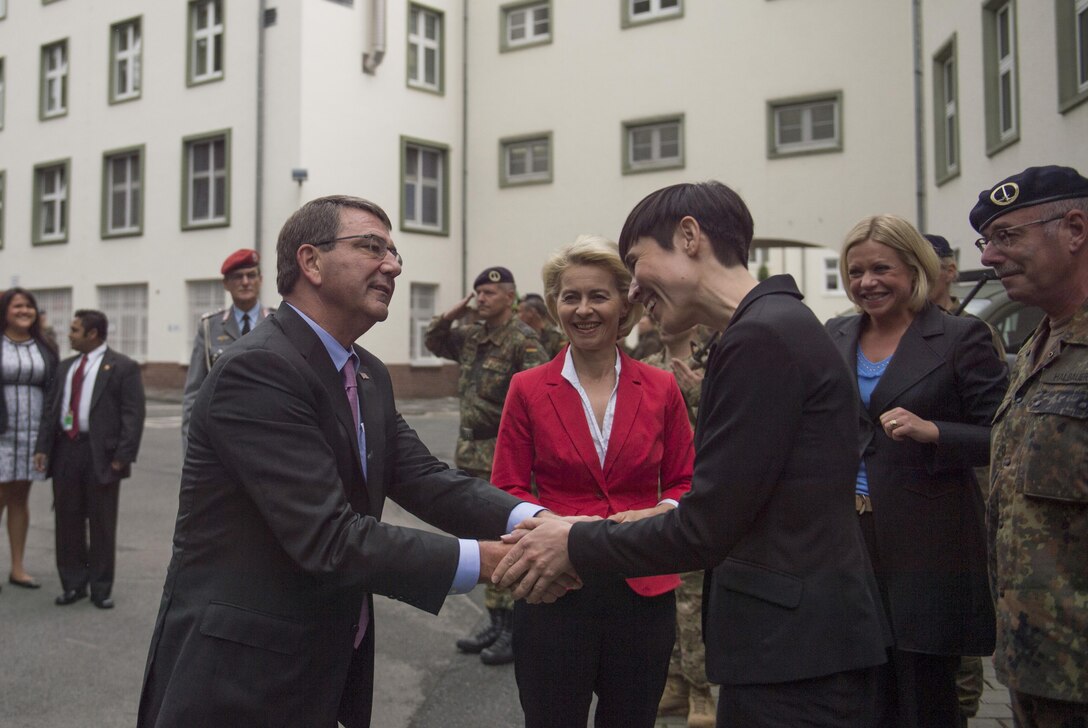 Defense Secretary Ash Carter is greeted by Norwegian Defense Minister Ine Eriksen Soreide as he arrives in Muenster, Germany, as part of a European trip June 22, 2015. In welcoming Norway’s May 2, 2016, announcement that Norway is increasing its role in the effort to counter the Islamic State of Iraq and the Levant, Carter said he invited Soreide to participate in a meeting of defense ministers from countries leading the effort. DoD photo by Air Force Senior Master Sgt. Adrian Cadiz