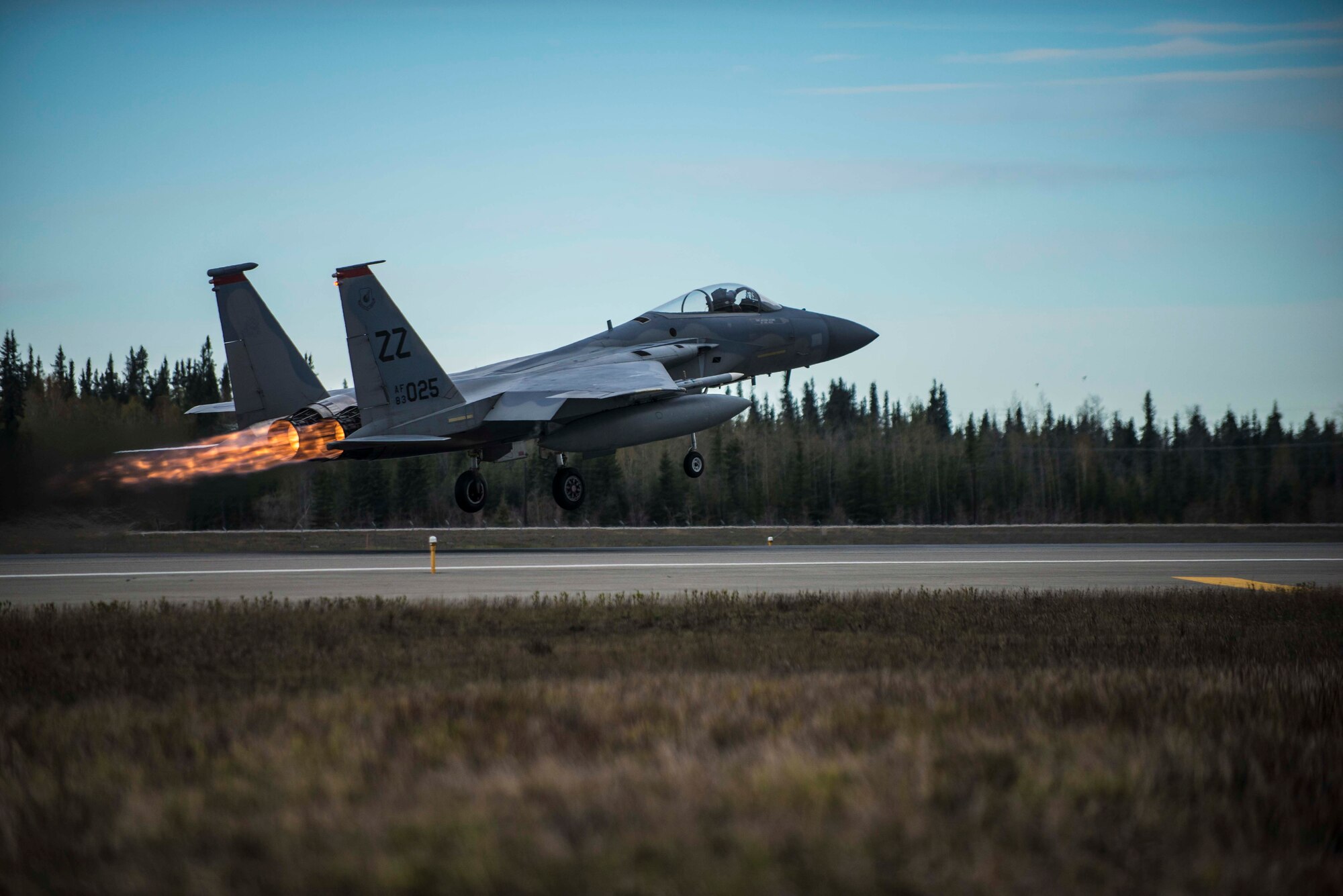 A U.S. Air Force F-15 Eagle tactical fighter jet assigned to the 67th Fighter Squadron, Kadena Air Base, Japan, takes off from Eielson Air Force Base, Alaska, May 2, 2016, during RED FLAG-Alaska (RF-A) 16-1. The F-15s are deployed to Eielson for RF-A, a series of Pacific Air Forces commander-directed field training exercises for U.S. and partner nation forces, providing combined offensive counter-air, interdiction, close air support and large force employment training in a simulated combat environment. (U.S. Air Force photo by Staff Sgt. Joshua Turner/Released)