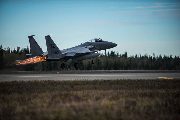 A U.S. Air Force F-15 Eagle tactical fighter jet assigned to the 67th Fighter Squadron, Kadena Air Base, Japan, takes off from Eielson Air Force Base, Alaska, May 2, 2016, during RED FLAG-Alaska (RF-A) 16-1. The F-15s are deployed to Eielson for RF-A, a series of Pacific Air Forces commander-directed field training exercises for U.S. and partner nation forces, providing combined offensive counter-air, interdiction, close air support and large force employment training in a simulated combat environment. (U.S. Air Force photo by Staff Sgt. Joshua Turner/Released)
