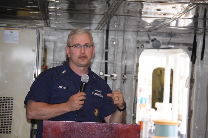 Master Chief Petty Officer of the Coast Guard Steven Cantrell, the 12th MCPOCG and Silver Ancient Mariner of the Coast Guard, visited USCGC HAMILTON in Charleston on April 13, 2016. MCPOCG Cantrell praised the crew for their work in establishing themselves as the first U.S. Coast Guard National Security Cutter in Charleston. During his visit, USCGC Hamilton hosted a traditional Cutterman's Call along with the Local Chapter of the Surface Navy Association. Both organizations plan to combine their efforts locally in the spirit of the U.S. Navy and Coast Guard partnership detailed in the March 2015 Cooperative Strategy for 21st Century Seapower. (US Coast Guard courtesy photo)