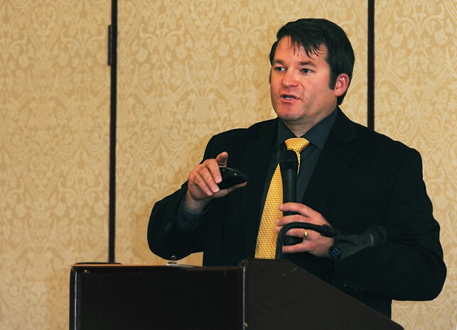 Jason Bowen, a Charleston County Sherriff’s Office Special Victims Unit detective, talks to service members at the Child Abuse Prevention Luncheon April 26, 2016 at Joint Base Charleston. Bowen works in the Special Victims Unit and Internet Crimes Against Children Taskforce to prevent and investigate child exploitation. (U.S. Air Force Photo/Airman Megan Munoz)