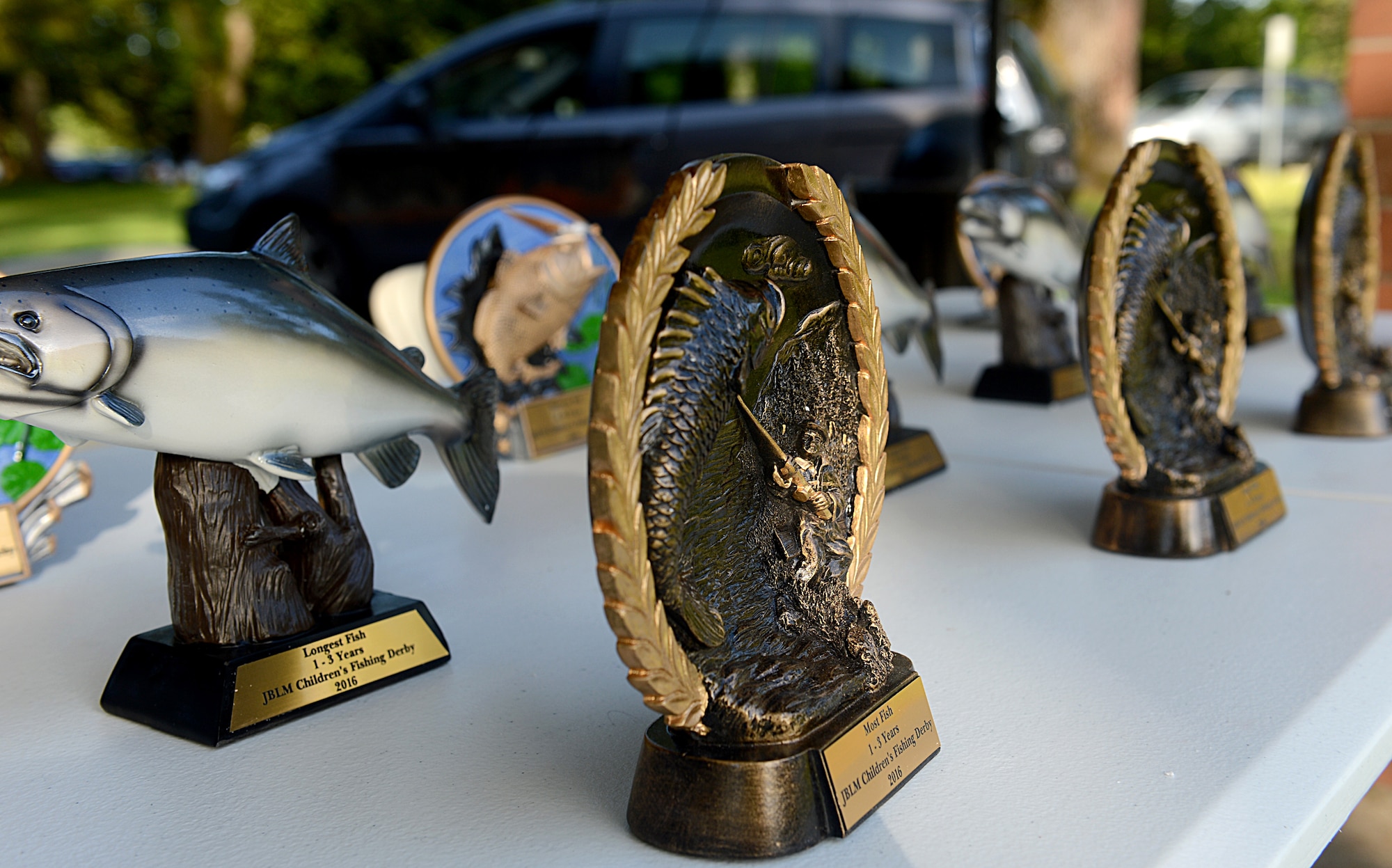 Trophies are lined up to be presented to winners during the Annual McChord Field Top III Children’s Fishing Derby April 30, 2016 at Carter Lake on McChord Field, Wash. Children aged one to 14-years-old, split into four age groups and fished for an hour and a half for an opportunity to win prizes raffled off and trophies for the shortest fish, longest fish, and the most fish caught. (U.S. Air Force photo/Senior Airman Divine Cox)