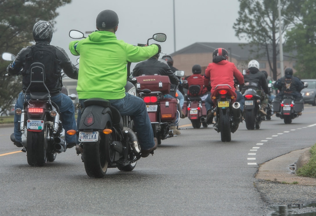 Motorcyclists participating in the 5th annual Standing Together Against Rape Road Rally begin their ride at Langley Air Force Base, Va., April 29, 2016. The route for the ride took motorcyclists to Surry, Va., and back to Memorial Park at Langley. (U.S. Air Force photo by Senior Airman Kayla Newman)