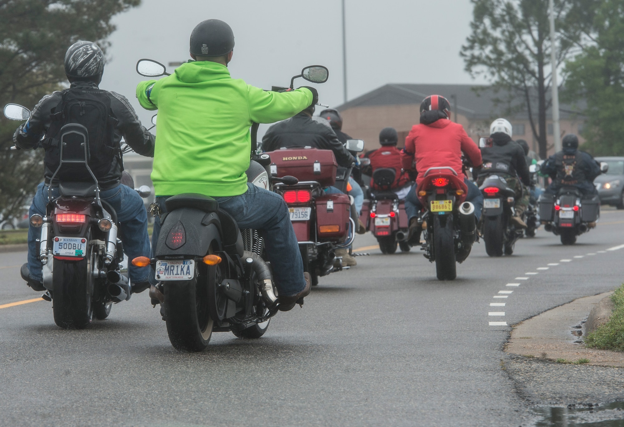 Motorcyclists participating in the 5th annual Standing Together Against Rape Road Rally begin their ride at Langley Air Force Base, Va., April 29, 2016. The route for the ride took motorcyclists to Surry, Va., and back to Memorial Park at Langley. (U.S. Air Force photo by Senior Airman Kayla Newman)