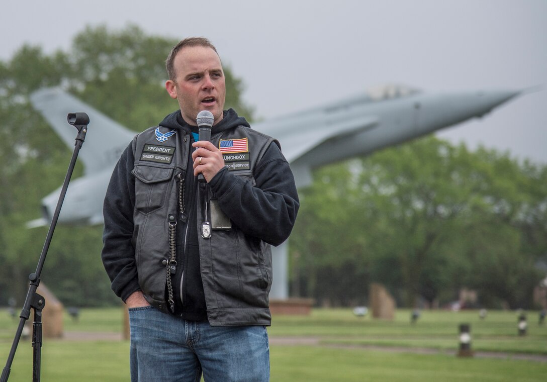 U.S. Air Force Master Sgt. Ben Park, president of the Green Knights Chapter 48, gives a safety briefing to motorcycle riders prior to the 5th annual Standing Together Against Rape Road Rally at Langley Air Force Base, Va., April 29, 2016. The Green Knights Military Motorcycle Club was formed in 1999 and the organization addresses the needs and concerns of military and Department of Defense civilian motorcycle riders through education, safety knowledge and the shared joy of riding. (U.S. Air Force photo by Senior Airman Kayla Newman)