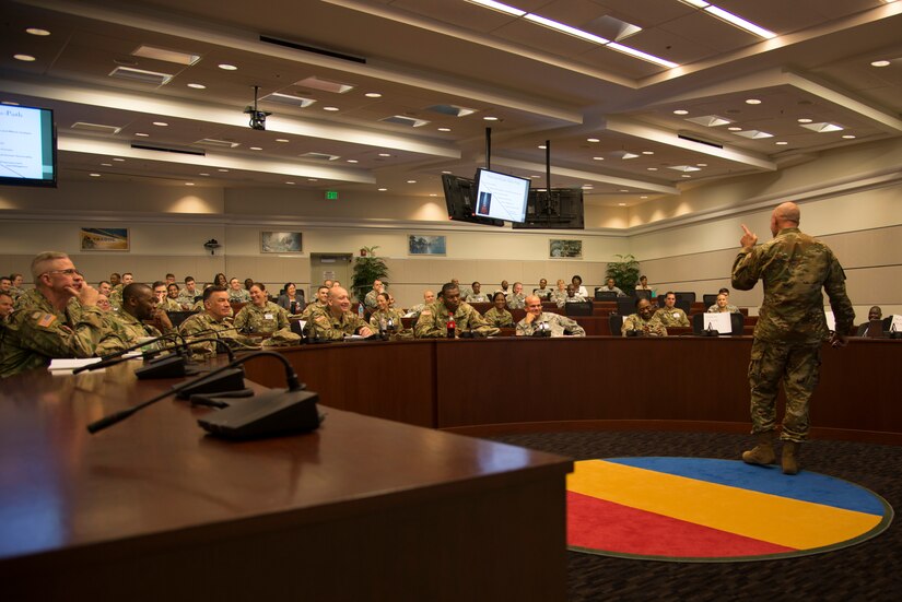 U.S. Army Lt. Col. Lloyd Jackson, clinical operations chief of the Lexington, Ky., Veterans Center outpatient treatment and re-adjustment counseling service, sends a message to senior leaders about taking an active role in their Soldiers development to help prevent sexual assault at Fort Eustis, Va., April 20, 2016. The presentation titled Motivated Logic of a Sexual Predator explained the mind-set and behavior of a sexual predator. (U.S. Air Force photo by Senior Airman Kristina LaCoste)