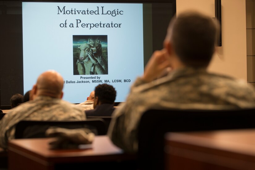 Fort Eustis leadership listens to a senior leader lecture by U.S. Army Lt. Col. Lloyd Jackson, clinical operations chief of the Lexington, Ky., Veterans Center outpatient treatment and re-adjustment counseling service, in observance of Sexual Assault Awareness Month at Fort Eustis, Va., April 20, 2016. The discussion gave insight into the techniques of a predator and how to spot them within the ranks. (U.S. Air Force photo by Senior Airman Kristina LaCoste)