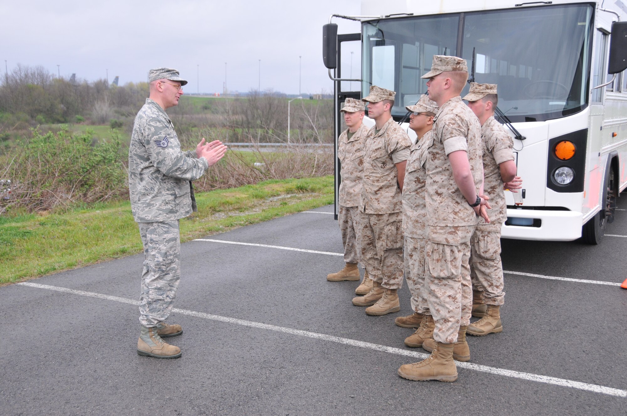 Staff Sgt. Eric Thiem, a trainer with the 171st, and Master Sgt. Robert Souders, a Transport Chief with the 471st, teamed up to train the nine marines to become qualified bus operators. Throughout the week Theim and Souders led classroom lectures, testing, hands on familiarization, safety procedure demonstrations, and operation training of the 28 and 44 passenger bus. (U.S. Air National Guard Photo by Master Sgt. Shawn Monk)