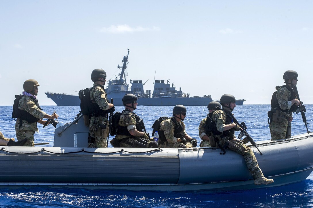 Sailors assigned to the visit, board, search, and seizure team for the guided-missile destroyer USS Gonzalez operate a rigid-hull inflatable boat in the Gulf of Aden, April 26, 2016. The guided-missile destroyer is supporting Operation Inherent Resolve, maritime security operations and theater security cooperation efforts in the U.S. 5th Fleet area of operations. Navy photo by Petty Officer 3rd Class Pasquale Sena