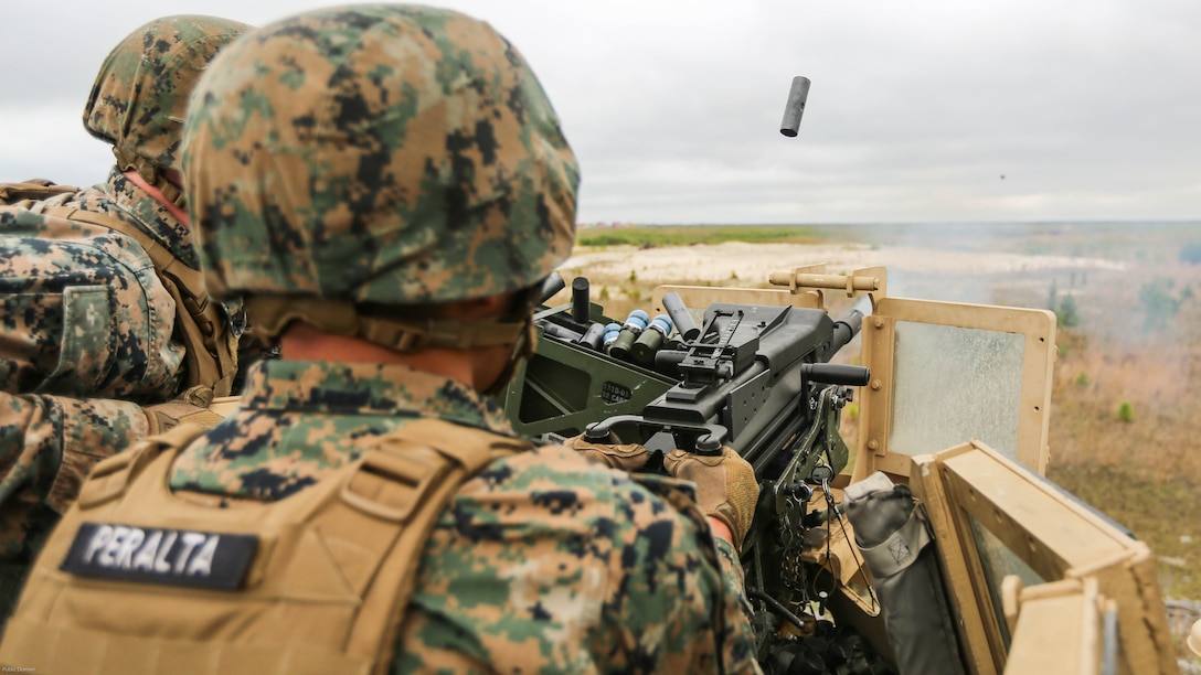 Marines with Combat Logistics Regiment 2 improve their marksmanship skills with the MK-19 automatic grenade launcher during familiarization training at shooting range G-3 at Marine Corps Base Camp Lejeune, Apr. 29, 2016. The training honed their accuracy, communication abilities and suppressive fire capabilities. 