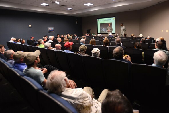 U.S. Air Force Col. Stephen Jost, 20th Fighter Wing commander, gives a brief to visiting civilian pilots during a General Aviation Fly-In event at Shaw Air Force Base, S.C., April 29, 2016. The event was intended for civilian and military pilots, along with air traffic controllers, to learn from each other on subjects such as mid-air collision avoidance. (U.S. Air Force photo by Airman 1st Class Kelsey Tucker)
