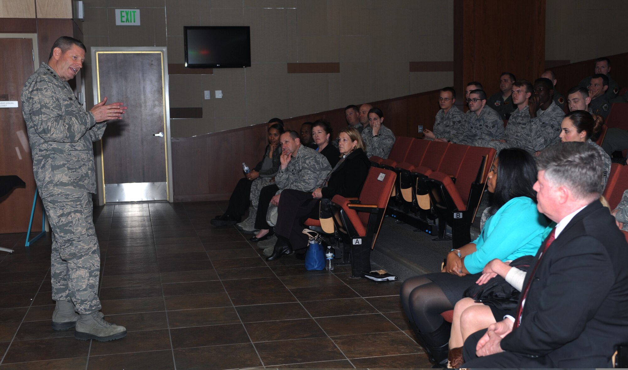 Gen. Robin Rand, AFGSC commander, meets with members of the Sexual Assault Prevention and Response program and victim advocates during a SAPR briefing at Ellsworth AFB, S.D., April 27, 2016. During the brief, Rand learned about the base’s Prevention Dormitory Advocate Team, an initiative consisting of a group of Airmen who act as liaisons between dorm Airmen and victim advocates when a sexual assault has occurred within the dorms. (Air Force photo by Airman 1st Class Denise Nevins)