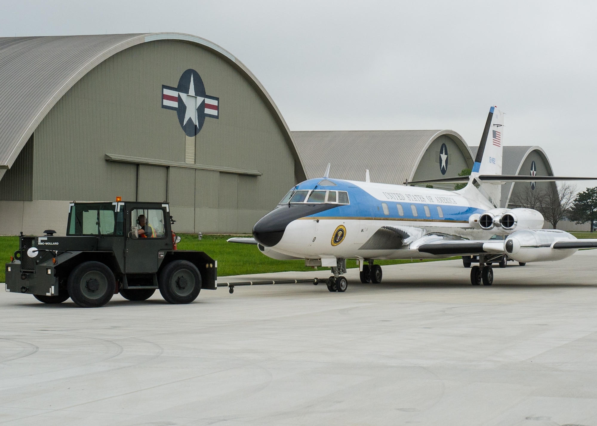 DAYTON, Ohio -- The Lockheed VC-140B JetStar being towed to the fourth building at the National Museum of the United States Air Force. (U.S. Air Force photo by Ken LaRock)