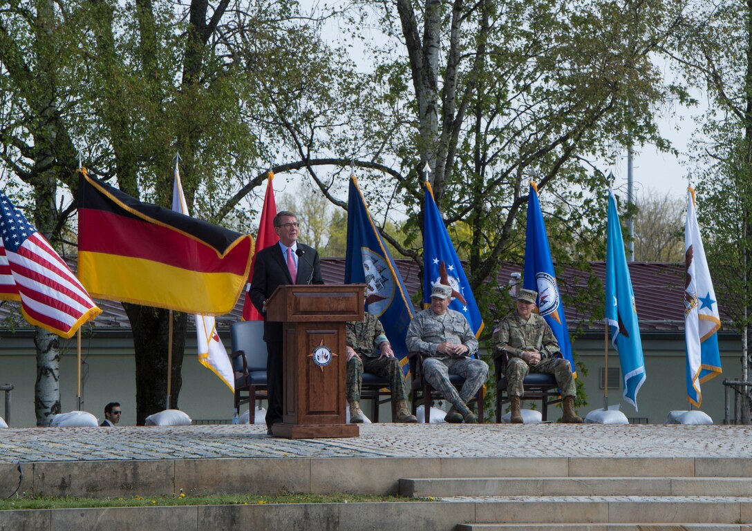 Defense Secretary Ash Carter makes remarks during the U.S. European Command change-of-command ceremony in Stuttgart, Germany, May 3, 2016. Air Force Gen. Philip M. Breedlove relinquished command to Army Gen. Curtis M. Scaparrotti as  commander of U.S. European Command. DoD photo by Navy Petty Officer 1st Class Tim D. Godbee