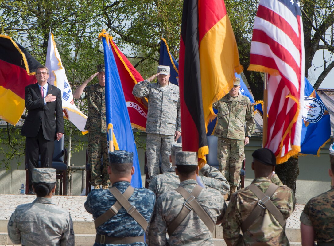 Defense Secretary Ash Carter, left, Marine Corps Gen. Joe Dunford, second from left, chairman of the Joint Chiefs of Staff, Air Force Gen. Philip M. Breedlove, second from right, outgoing Supreme Allied Commander Europe and commander of U.S. European Command, and Army. Gen. Curtis M. Scaparrotti, right, incoming Eucom commander, participate in the U.S. European Command change-of-command ceremony in Stuttgart, Germany, May 3, 2016. DoD photo by Navy Petty Officer 1st Class Tim D. Godbee