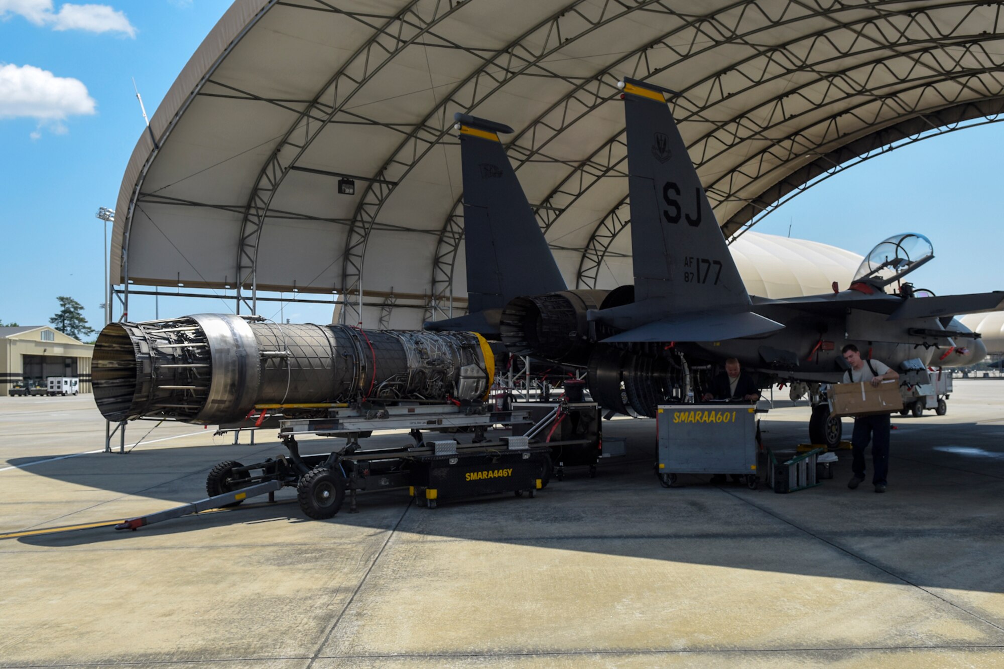 An F-15E Strike Eagle engine is inspected, April 26, 2016, at Seymour Johnson Air Force Base, North Carolina. 4th Maintenance Group Airmen prepped the jets for departure to exercise Combat Hammer at Hill Air Force Base, Utah. (U.S. Air Force photo by Airman Shawna L. Keyes/Released) 