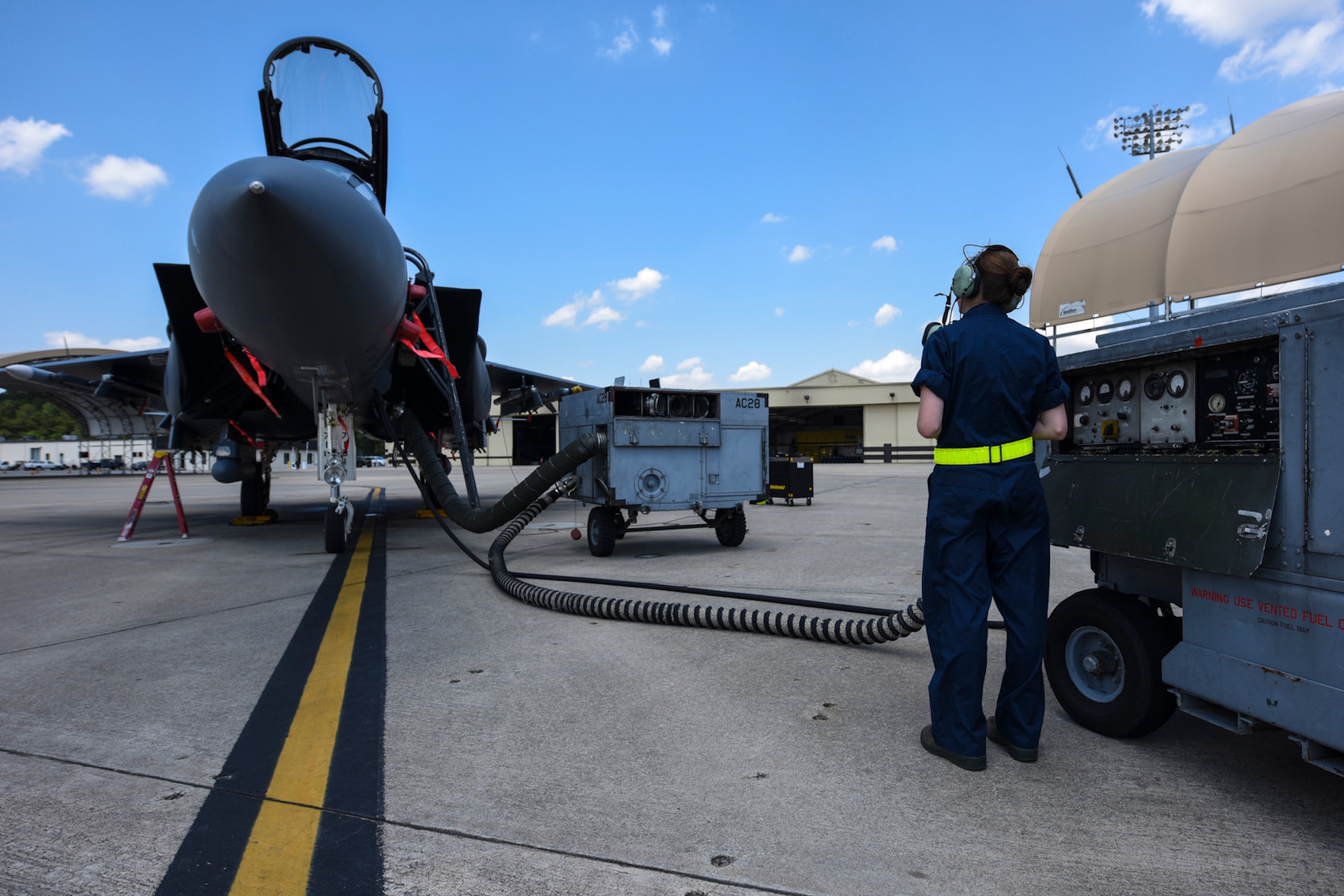 Airman 1st Class Bailey O’Dell, 4th Aircraft Maintenance Squadron armaments systems technician, runs maintenance on an F-15E Strike Eagle, April 26, 2016, at Seymour Johnson Air Force Base, North Carolina. In preparation for exercise Combat Hammer, Airmen from the 4th AMXS prepped jets to participate in the two-week exercise. (U.S. Air Force photo by Airman Shawna L. Keyes/Released)