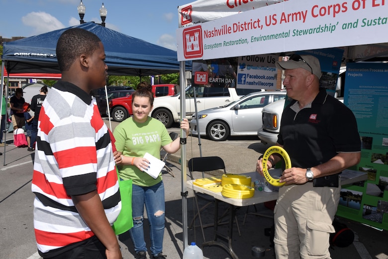 Russ Rote (Right), U.S. Army Corps of Engineers Nashville District Planning Branch chief, talks about Corps of Engineers missions, environmental awareness, and water safety with the public during Earth Day 2016 festivities at Town Square in Murphreesboro, Tenn., April 16, 2016. (USACE photo by Leon Roberts)