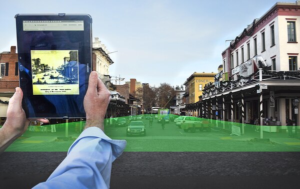 Conceptual photograph of 1862 flooding in Old Sacramento using augmented reality