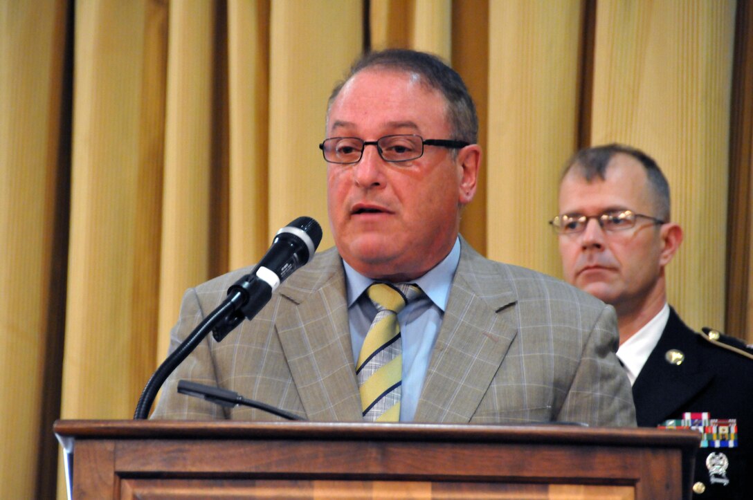 Marvin Raab describes his mother's fight for survival and freedom from a concentration camp in Poland.  Raab was the guest speaker during the Holocaust Remembrance ceremony May 2 at Tommy B's Community Center at Joint Base McGuire-Dix-Lakehurst, New Jersey.