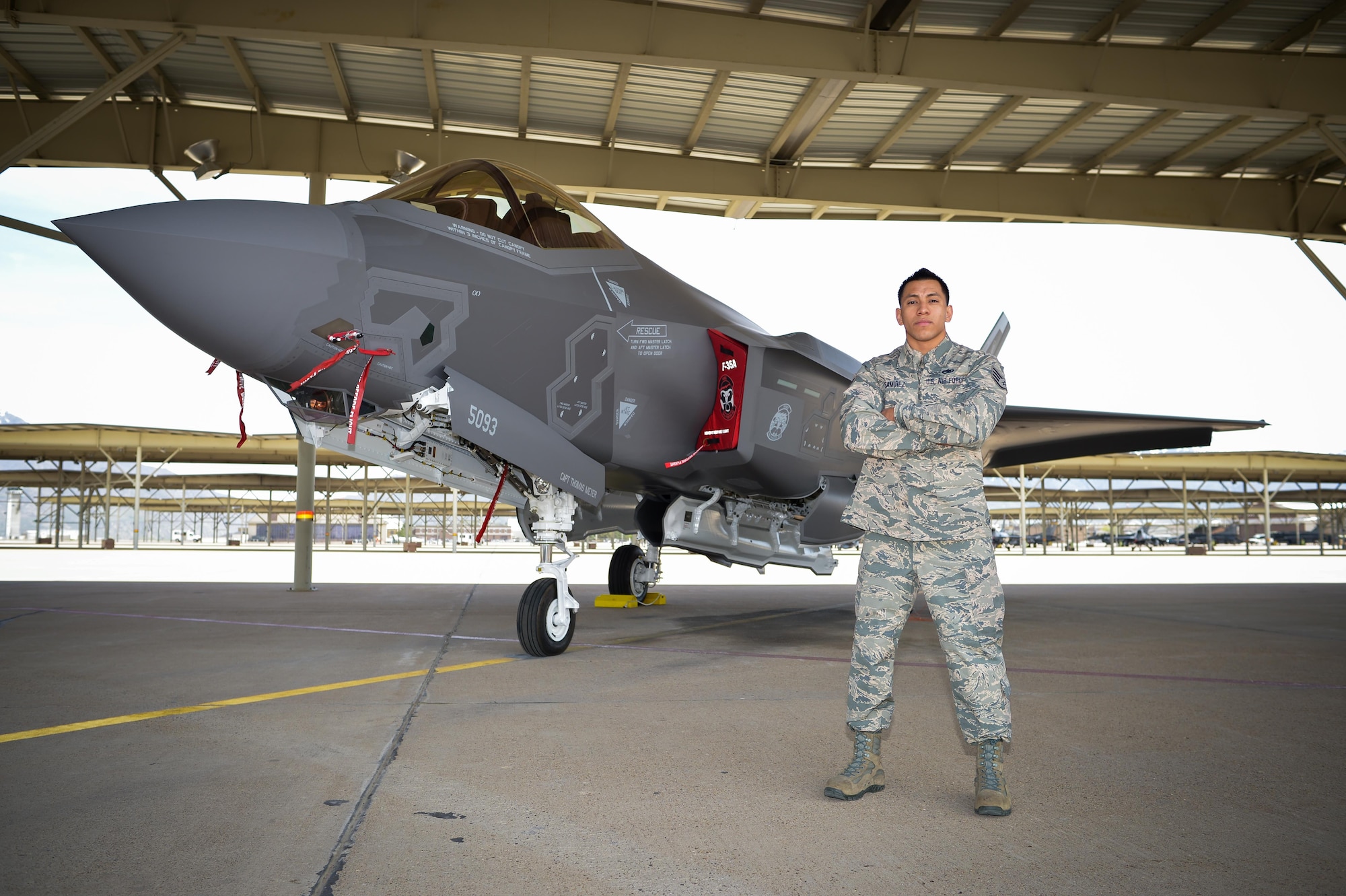 Staff Sgt. Aaron Ramirez, a reservist in the 419th Aircraft Maintenance Squadron, stands beside an F-35 Lightning II at Hill Air Force Base, Utah, April 26. (U.S. Air Force photo/R. Nial Bradshaw)