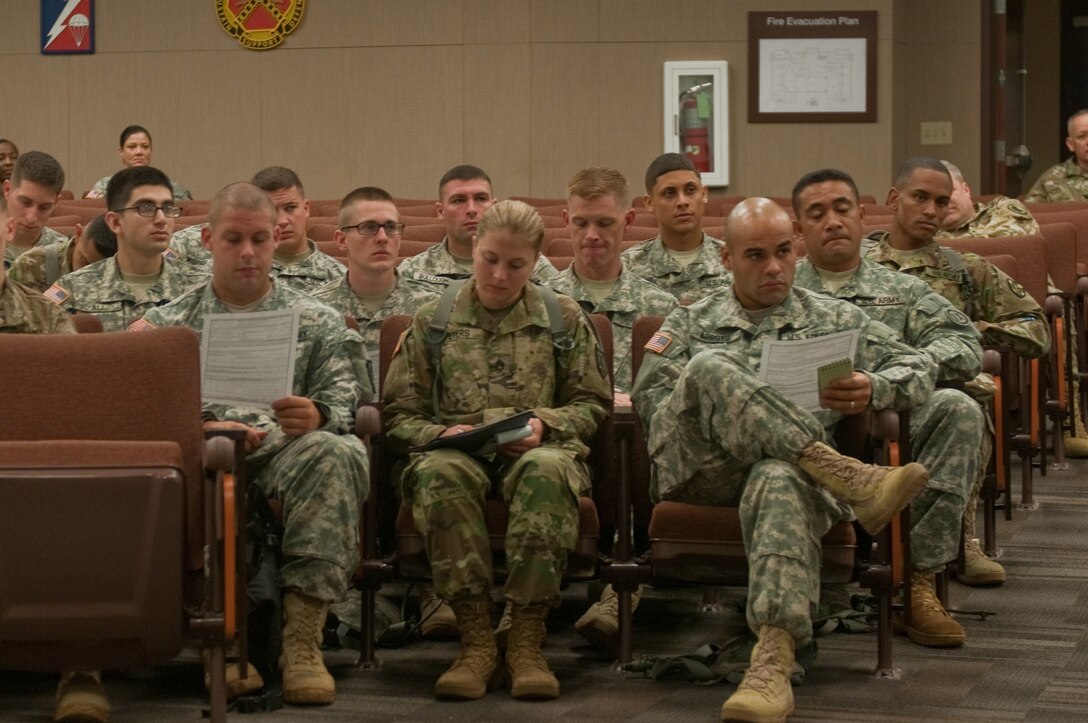 The 2016 noncommissioned officer competitors for the U.S. Army Reserve Best Warrior Competition attend briefing led by Sgt. Maj. Paul J. Klikas, the training and operations sergeant major of the U.S. Army Reserve, at Fort Bragg, N.C. May 2. This year’s Best Warrior Competition will determine the top noncommissioned officer and junior enlisted Soldier who will represent the U.S. Army Reserve in the Department of the Army Best Warrior Competition later this year at Fort A.P. Hill Va. (U.S. Army photo by Spc. Tynisha Daniel) (Released)