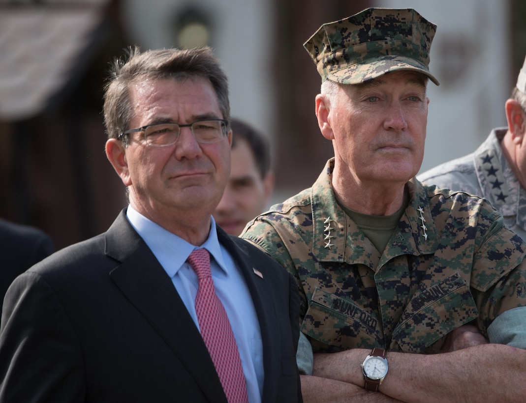 Defense Secretary Ash Carter and Marine Corps Gen. Joe Dunford, chairman of the Joint Chiefs of Staff, wait to begin the change-of-command ceremony for U.S. European Command at Patch Barracks in Stuttgart, Germany, May 3, 2016. DoD photo by D. Myles Cullen