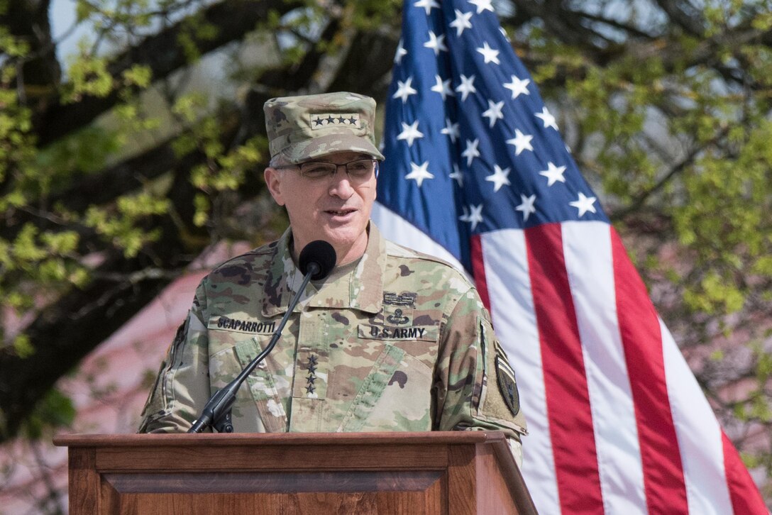 Army Gen. Curtis M. Scaparrotti, incoming commander of U.S. European Command, addresses the audience during the command's ceremony to change commanders in Stuttgart, Germany, May 3, 2016. DoD photo by D. Myles Cullen
