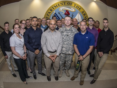 Soldiers competing for the title of Noncommissioned Officer of the Year in the 2016 U.S. Army Reserve Best Warrior Competition at Fort Bragg, N.C. pose for a photo with interim Command Sgt. Maj.of the Army Reserve James Wills at the United States Army Reserve Command Headquarters during the no-host social May 2. This year’s Best Warrior Competition will determine the top noncommissioned officer and junior enlisted Soldier who will represent the U.S. Army Reserve in the Department of the Army Best Warrior Competition later this year at Fort A.P. Hill, Va.  (U.S. Army photo Sgt. 1st Class Brian Hamilton/released)