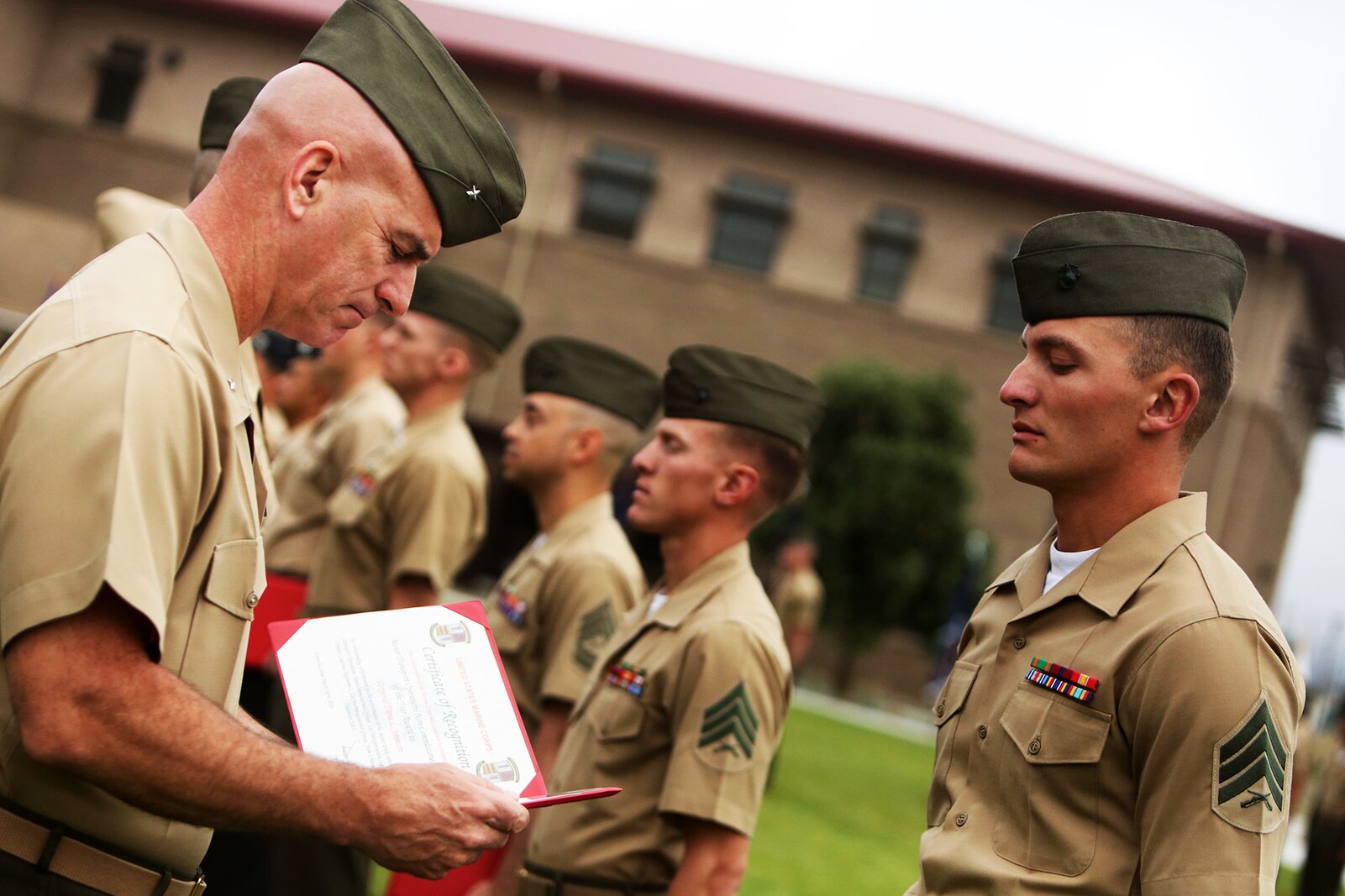U.S. Marine Sgt. Johnathan Howley is awarded a Navy and Marine Corps Achievement Medal during an awards ceremony aboard Camp Pendleton, Calif., April 22, 2016. Howley is a bulk fuel specialist with 7th Engineer Support Battalion. Ten Marines and Sailors with 1st Marine Logistics Group were recognized for their outstanding performance throughout the year. Awards ranged from a Certificate of Commendation, Marine of the year, Noncommissioned Officer of the Year, and the Navy and Marine Corps Achievement Medal.  (U.S. Marine Corps photo by Sgt. Laura Gauna/released)