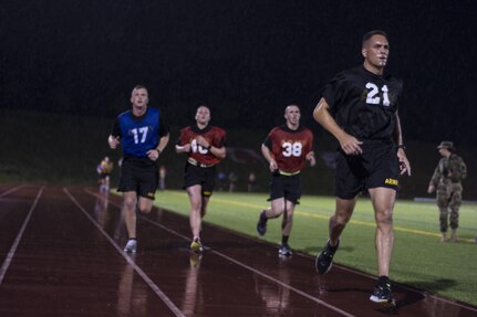 Army Reserve drill sergeant, Sgt. 1st Class Joshua Moeller, representing the 108th Training Command (IET), leads the pack during the 2-mile run on the first day of competition at the 2016 U.S. Army Reserve Best Warrior Competition at Fort Bragg, N.C. May 3. This year’s Best Warrior Competition will determine the top noncommissioned officer and junior enlisted Soldier who will represent the U.S. Army Reserve in the Department of the Army Best Warrior Competition later this year at Fort A.P. Hill, Va.  (U.S. Army photo Sgt. 1st Class Brian Hamilton/released)