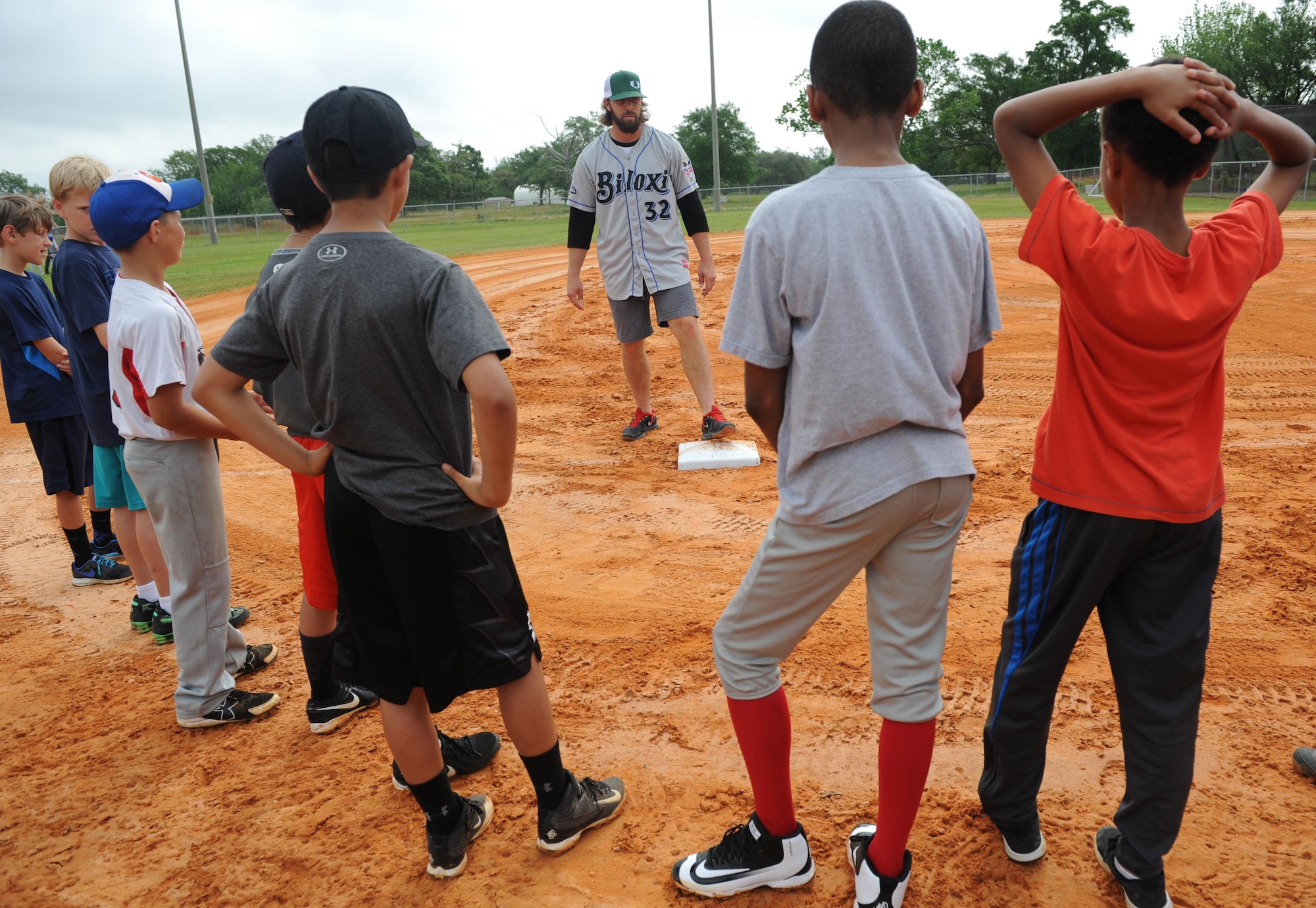 Daniel Tillman, Biloxi Shuckers pitcher, shows proper foot placement during the Biloxi Shucker’s Youth Baseball Clinic at the youth center baseball field April 30, 2016, Keesler Air Force Base, Miss. The clinic provided hitting, pitching, base running and fielding instruction from members of the Biloxi Shucker’s minor league baseball team. (U.S. Air Force photo by Kemberly Groue)