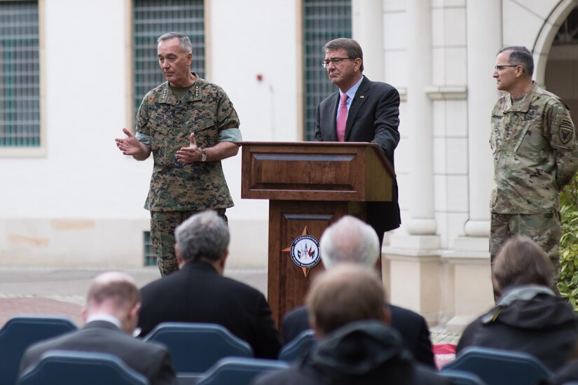 Defense Secretary Ash Carter, Marine Corps Gen. Joe Dunford, chairman of the Joint Chiefs of Staff; and Army Gen. Curtis M. Scaparrotti, commander of U.S. European Command, hold a press conference at Patch Barracks in Stuttgart, Germany, May 3, 2016. DoD photo by D. Myles Cullen