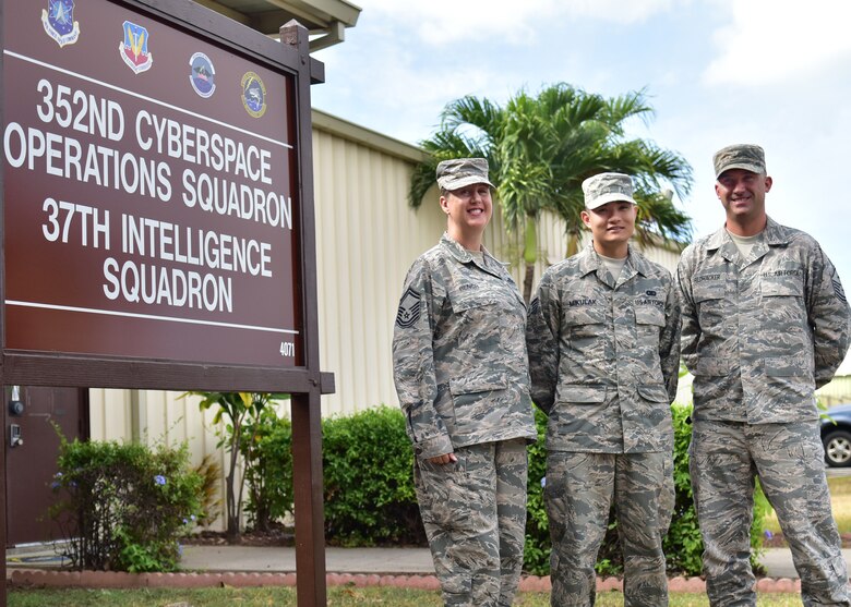 Senior Master Sgt. Rebecca Bench, 37th Intelligence Squadron superintendent, Airman 1st Class Brandon Mikulak, from the 37th IS, and Master Sgt. Tj Feldhacker, 37th IS first sergeant, poses for a photo on Joint Base Pearl Harbor-Hickam, March 16, 2016. Mikulak showed remarkable resilience when his mother suffered a stroke and he became the caregiver for his two sisters. Bench and Feldhacker played a significant role during this challenging time for Mikulak. Feldhacker assisted with housing for Mikulak’s family and assisted with his PCS to JBPHH. Bench organized donations from personnel throughout the JBPHH community and quickly sorted through, picked up and delivered all the items to furnish Mikulak’s entire home. (U.S. Air Force Photo by Staff Sgt. Christopher Stoltz/Realesed)