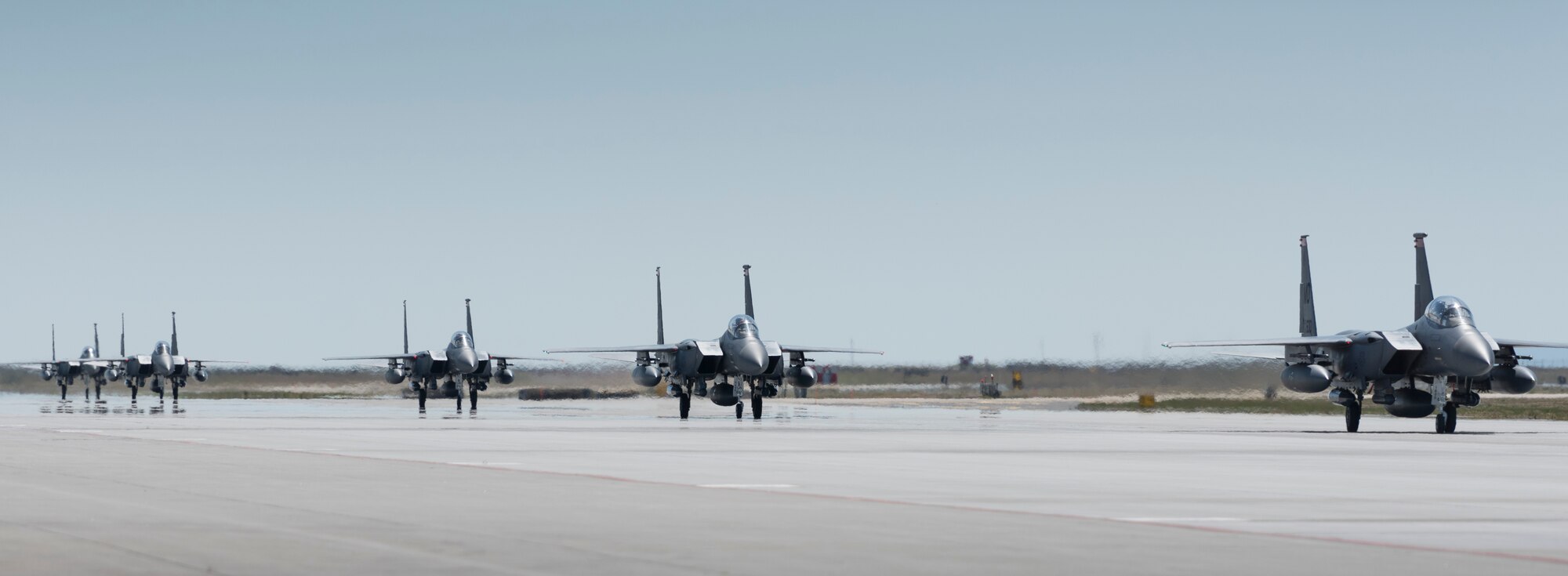 F-15E Strike Eagles taxi after returning from Southwest Asia to Mountain Home Air Force Base, Idaho, April 17, 2016. Airmen spent six months deployed in support of Operation Inherent Resolve. (U.S. Air Force photo by Airman Alaysia Berry/Released)