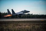 EIELSON AIR FORCE BASE, Alaska (May 2, 2016) - A U.S. Air Force F-15 Eagle tactical fighter jet assigned to the 67th Fighter Squadron, Kadena Air Base, Japan, takes off from Eielson Air Force Base during RED FLAG-Alaska (RF-A). The F-15s are deployed to Eielson for RF-A, a series of Pacific Air Forces commander-directed field training exercises for U.S. and partner nation forces, providing combined offensive counter-air, interdiction, close air support and large force employment training in a simulated combat environment. 