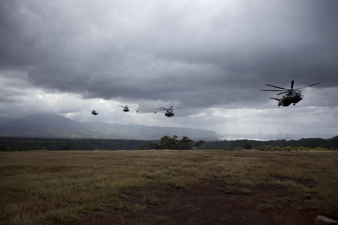 U.S. Marine CH-53E Super Stallion helicopters assigned to Marine Heavy Helicopter Squadron 463 and U.S. Army aircraft assigned to the 25th Combat Aviation Brigade prepare to land in formation during interoperability operations at Landing Zone Pu'ukapu, Hawaii, April 29, 2016. HMH-463 and the 25th CAB assisted 3rd Battalion, 3rd Marine Regiment with personnel extraction and insertion during their Marine Corps Combat Readiness Evaluation. (U.S. Marine Corps photo by Lance Cpl. Julian A. Temblador)