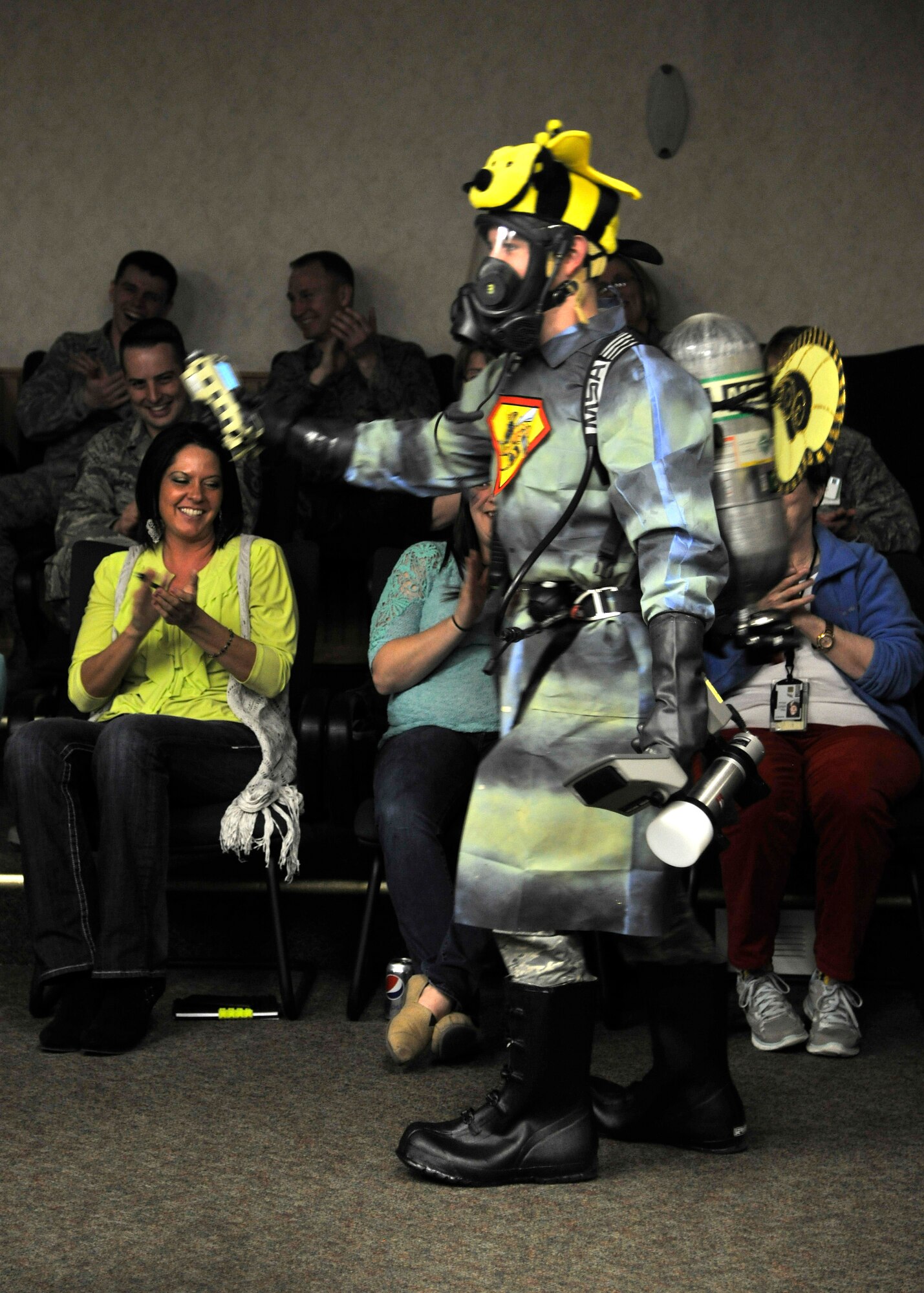 A member of the 319th Medical Group dances to “Imma bee by Black Eyed Peas,” during the Laboratory Coat Walk-Off, April 27, 2016, on Grand Forks Air Force Base, N.D.  Through the week of Medical Laboratory Professionals, offices from the 319th MGG participated in the walk-off which is based on presentation, dancing and crowd participation. (U.S. Air Force photo by Senior Airman Xavier Navarro)