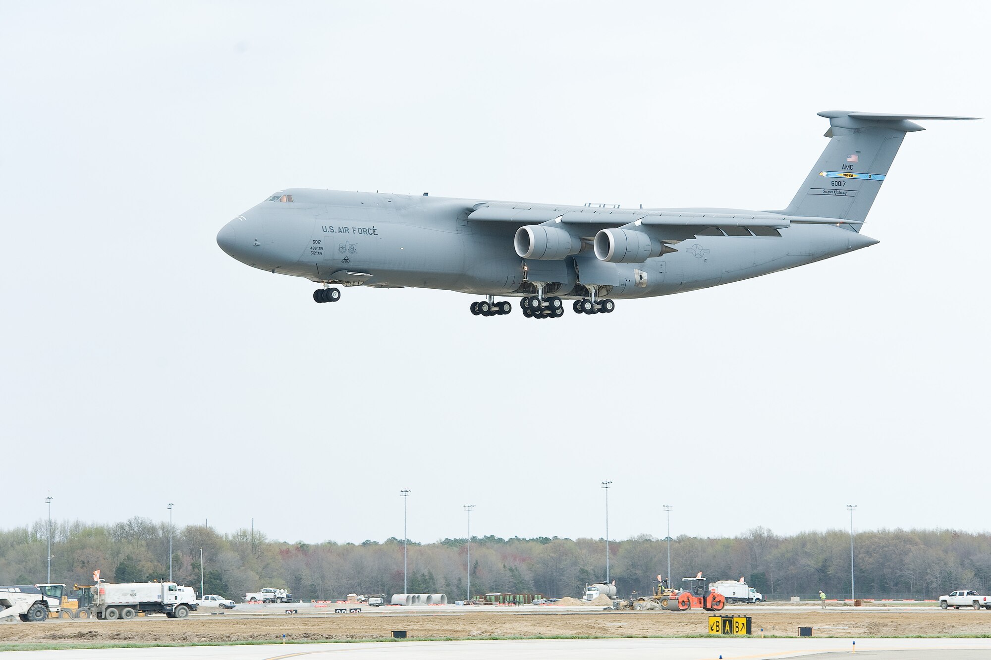 A C-5M Super Galaxy lands April 4, 2016 at Dover Air Force Base, Del. The Home-Station Logistics Departure Reliability Rate for Team Dover’s C-5M fleet for March 2016, was 98.1 percent. (U.S. Air Force photo/Roland Balik)