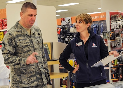 Chief Master Sgt. Sean Applegate, the Army Air Force Exchange Services senior enlisted advisor, meets with Exchange employees during a tour of the Joint Base Charleston Exchange, April 20, 2016. If service members are unable to find what they’re looking for at their local Exchange, the online site, shopmyexchange.com, offers a wide assortment of national brands. (U.S. Air Force Photo/Airman Megan Munoz)