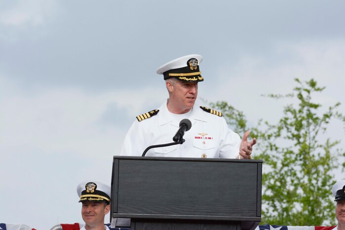 Capt. John Meier, guest speaker, addresses the crowd during the graduation ceremony of Nuclear Power School class 1601 at Naval Nuclear Power Training Command (NNPTC) on April 22, 2016. Based at Joint Base Charleston-Naval Weapons Station, NNPTC trains Sailors in the fundamentals of design, operation, and maintenance of shipboard nuclear propulsion plants. (U.S. Navy Photo by Mass Communication Specialist 2nd Class John Haynes)