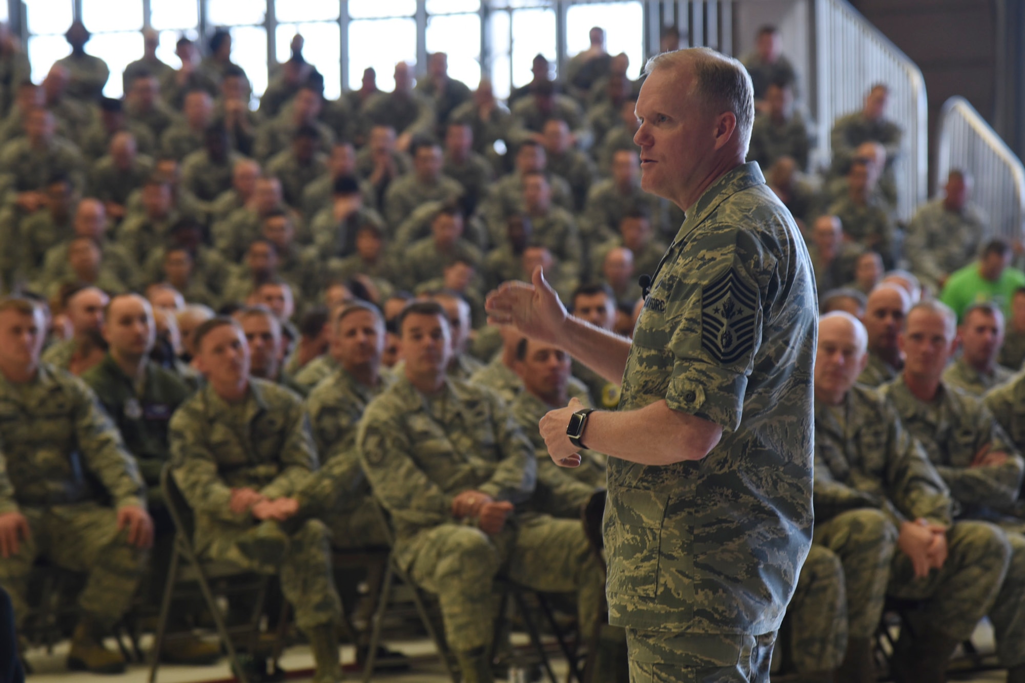 Chief Master Sgt. of the Air Force James A. Cody discusses the future of the force, reenlistment and retirement options during a question and answer portion of a wing all-call May 2, 2016, at Fairchild Air Force Base, Wash. Cody visited Fairchild to get an inside look at what Team Fairchild Airmen do on a daily basis and get feedback on new Air Force policies. (U.S. Air Force photo/Airman 1st Class Mackenzie Richardson)