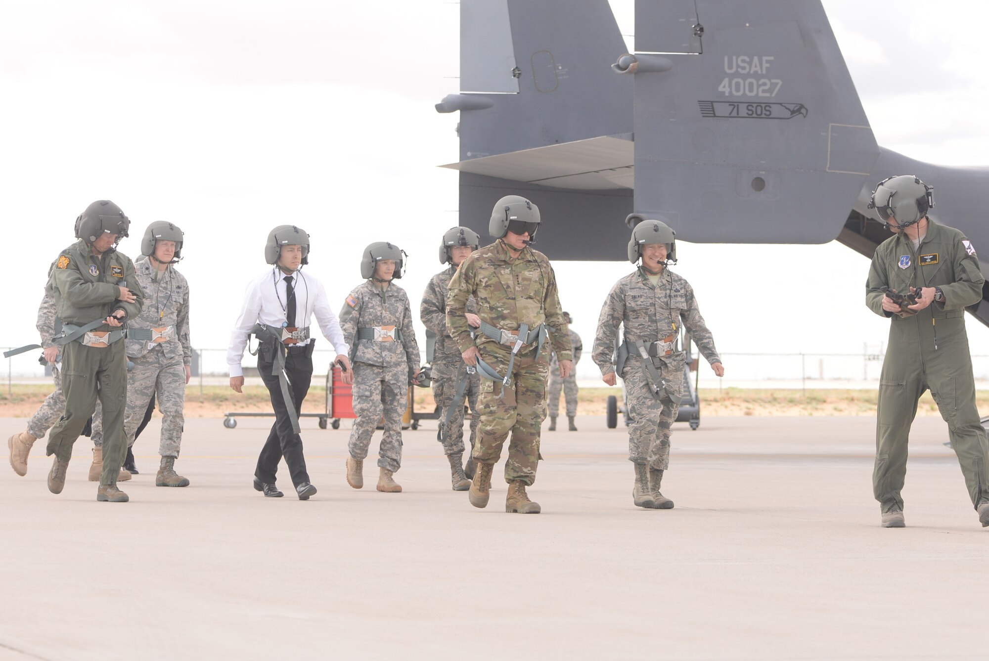 Gen. Frank J. Grass, Chief of the National Guard Bureau, toured New Mexico National Guard Apr. 29-30, 2016. Grass began his visit at the Army Aviation Support Facility then was flown via Army UH-60 Black Hawk to the southern section of New Mexico. He met with local Border Patrol officials as well as the leadership of the NMNG Counterdrug Program then toured the international border aboard an LUH-72 Lakota piloted and crewed by Army National Guardsmen. Grass spoke with the community of Kirtland Air Force Base in Albuquerque as well as flew on the CV-22 Osprey, piloted and crewed by Air National Guardsmen, in order to fully understand the plethora of capabilities in N.M. (U.S. Air Force photo by Tech. Sgt. Roberto Bilbao)