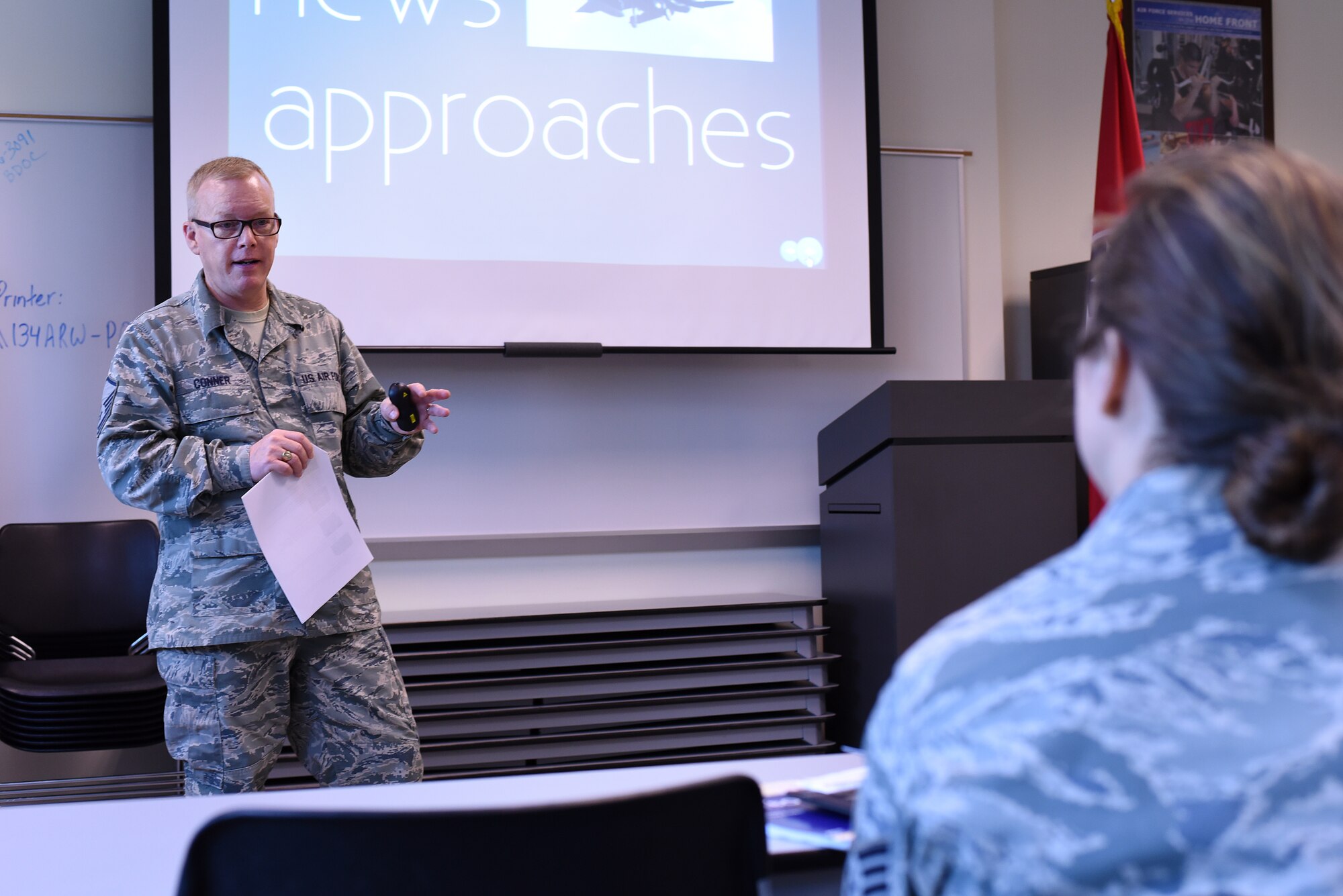MCGHEE TYSON AIR NATIONAL GUARD BASE, Tenn. - Master Sgt. Bill Conner instructs the Smoky Short Course in broadcasting here May 3, 2016, at the I.G. Brown Training and Education Center. The five-day course includes hands-on assignments and peer-to-peer critiques aimed to develop camera skills and journalism techniques in news events. (U.S. Air National Guard photo by Master Sgt. Mike R. Smith/Released) 